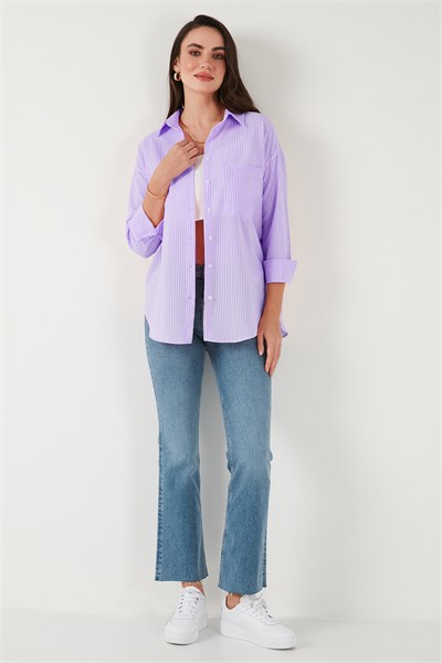 Regular Fit Uzun Kollu Cepli Çizgili Kadın Gömlek 6772895 LİLA