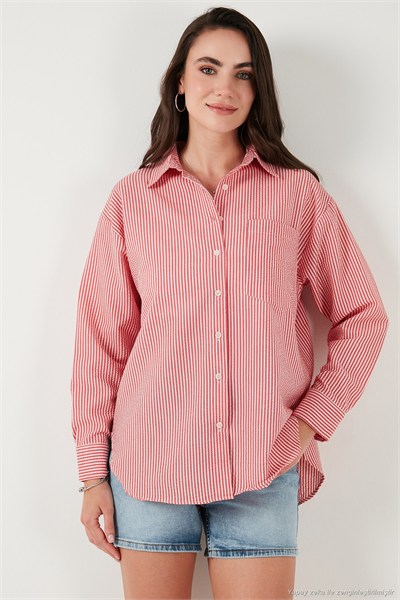 Regular Fit Uzun Kollu Cepli Çizgili Kadın Gömlek 6772895 KIRMIZI