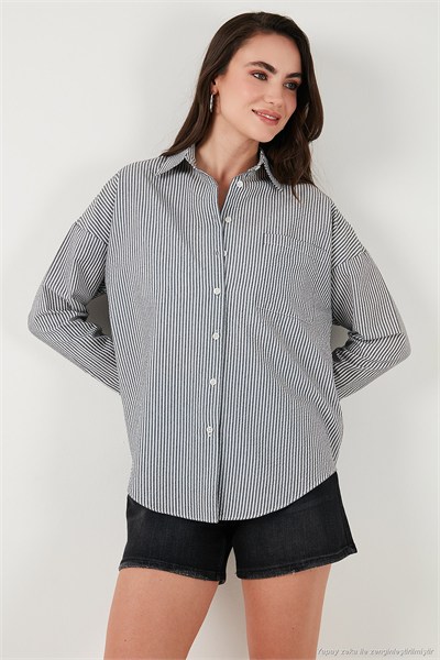 Regular Fit Uzun Kollu Cepli Çizgili Kadın Gömlek 6772895 SİYAH