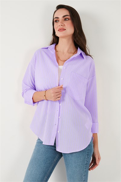 Regular Fit Uzun Kollu Cepli Çizgili Kadın Gömlek 6772895 LİLA