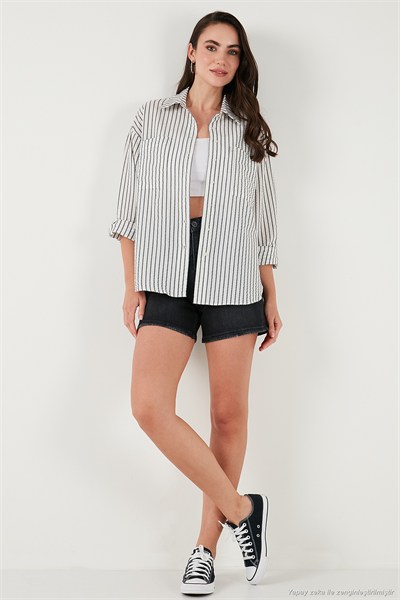 Regular Fit Uzun Kollu Çizgili Kadın Gömlek 6772875 SİYAH
