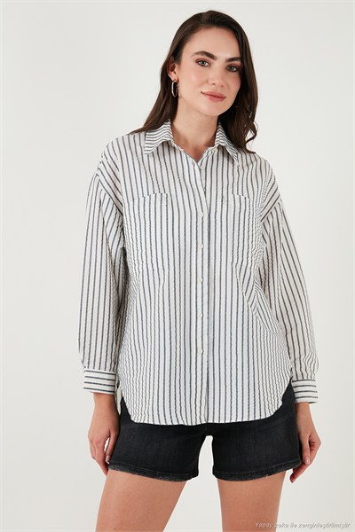 Regular Fit Uzun Kollu Çizgili Kadın Gömlek 6772875 SİYAH