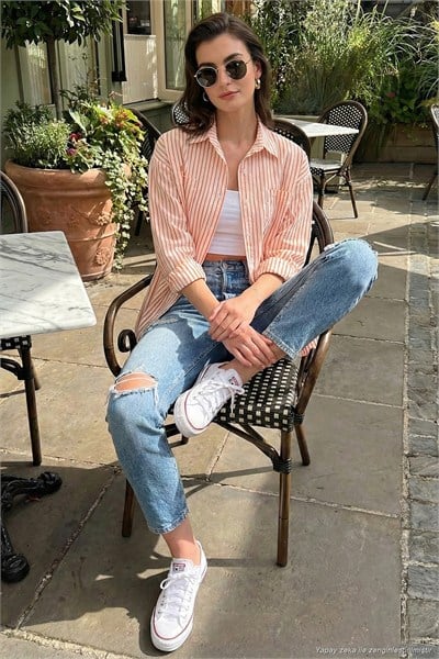 Regular Fit Uzun Kollu Çizgili Kadın Gömlek 6772875 ORANJ