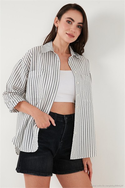 Regular Fit Uzun Kollu Çizgili Kadın Gömlek 6772875 SİYAH