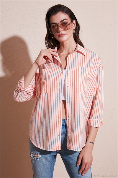 Regular Fit Uzun Kollu Çizgili Kadın Gömlek 6772875 ORANJ