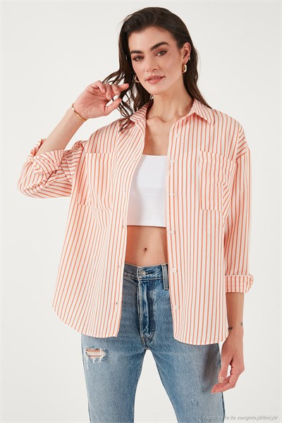 Regular Fit Uzun Kollu Çizgili Kadın Gömlek 6772875 ORANJ