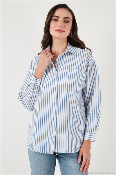Regular Fit Uzun Kollu Çizgili Kadın Gömlek 6772875 İNDİGO