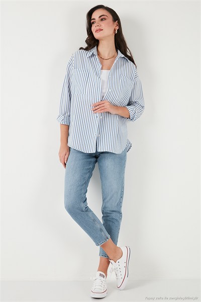 Regular Fit Uzun Kollu Çizgili Kadın Gömlek 6772875 İNDİGO
