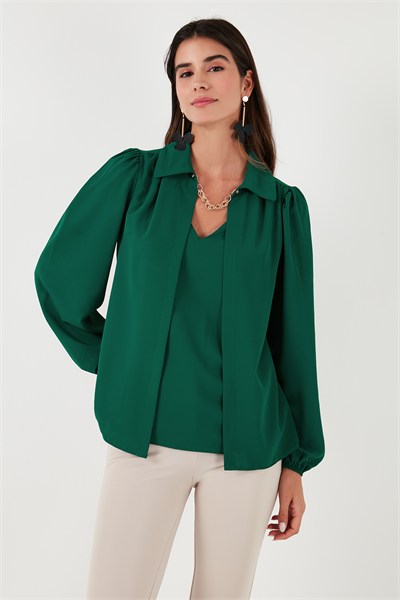 Regular Fit V Yaka Balon Kol Kadın Bluz 611BZ0353 ZÜMRÜT