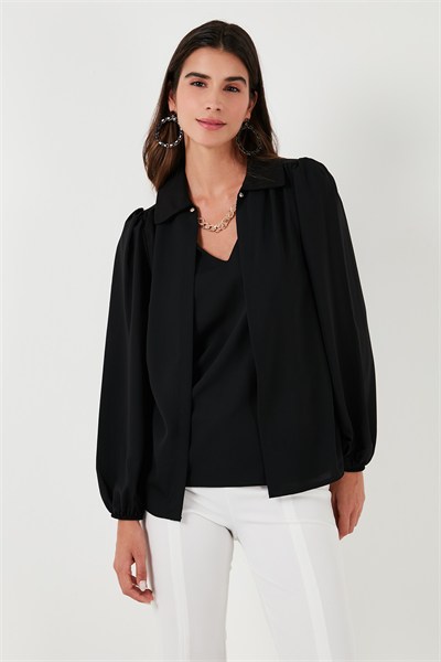 Regular Fit V Yaka Balon Kol Kadın Bluz 611BZ0353 SİYAH