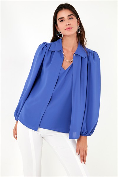 Regular Fit V Yaka Balon Kol Kadın Bluz 611BZ0353 SAKS