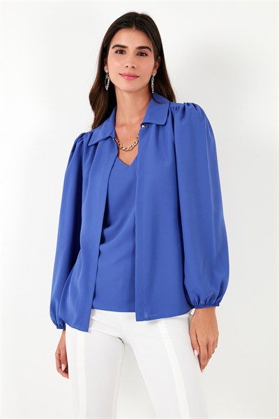 Regular Fit V Yaka Balon Kol Kadın Bluz 611BZ0353 SAKS