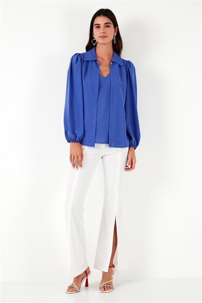 Regular Fit V Yaka Balon Kol Kadın Bluz 611BZ0353 SAKS