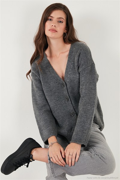 Regular Fit V Yaka Düğmeli Triko Kadın Hırka 4616229 ANTRASİT