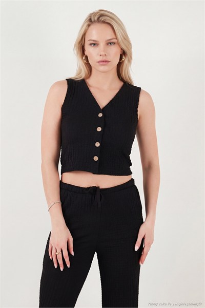 Regular Fit V Yaka Yelek-Pantolon Gofre Kadın Takım 5866484 SİYAH