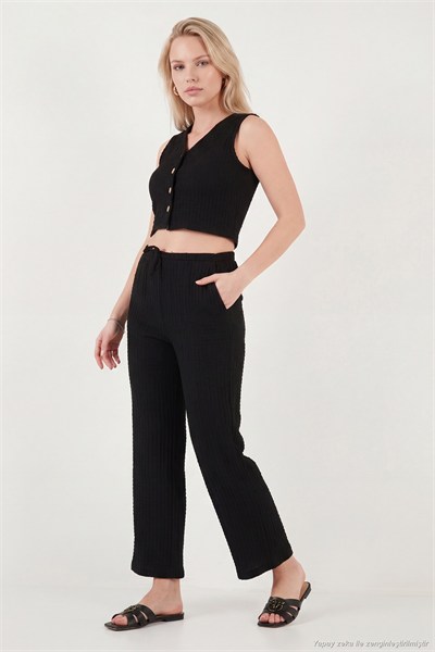 Regular Fit V Yaka Yelek-Pantolon Gofre Kadın Takım 5866484 SİYAH