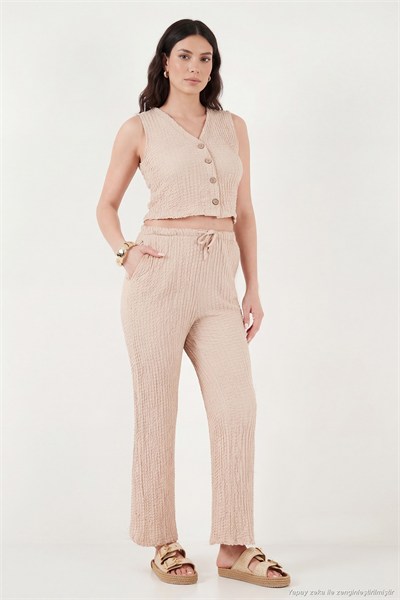 Regular Fit V Yaka Yelek-Pantolon Gofre Kadın Takım 5866484 VİZON