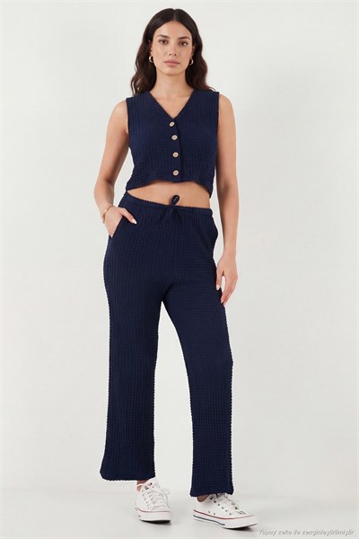 Regular Fit V Yaka Yelek-Pantolon Gofre Kadın Takım 5866484 LACİVERT