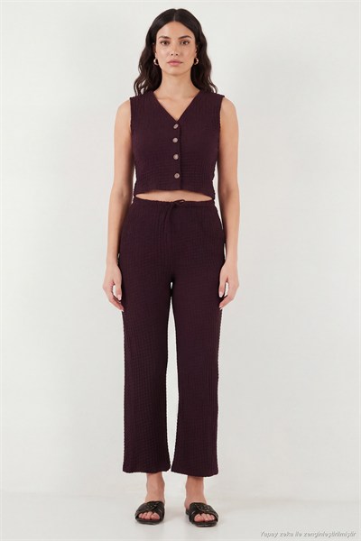 Regular Fit V Yaka Yelek-Pantolon Gofre Kadın Takım 5866484 BORDO