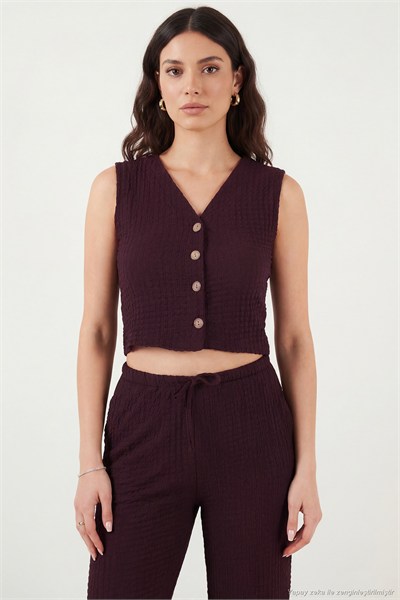 Regular Fit V Yaka Yelek-Pantolon Gofre Kadın Takım 5866484 BORDO