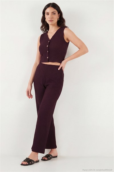 Regular Fit V Yaka Yelek-Pantolon Gofre Kadın Takım 5866484 BORDO