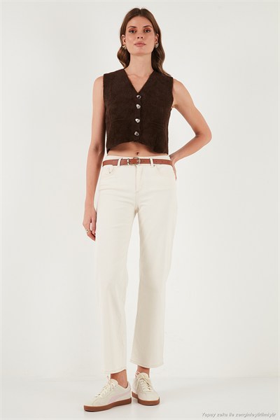 Regular Fit V Yaka Yumuşak Dokulu Düğmeli Kadın Yelek 4615241 KAHVE