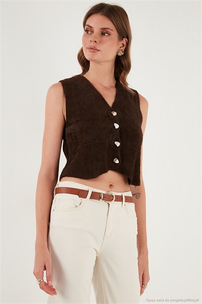 Regular Fit V Yaka Yumuşak Dokulu Düğmeli Kadın Yelek 4615241 KAHVE