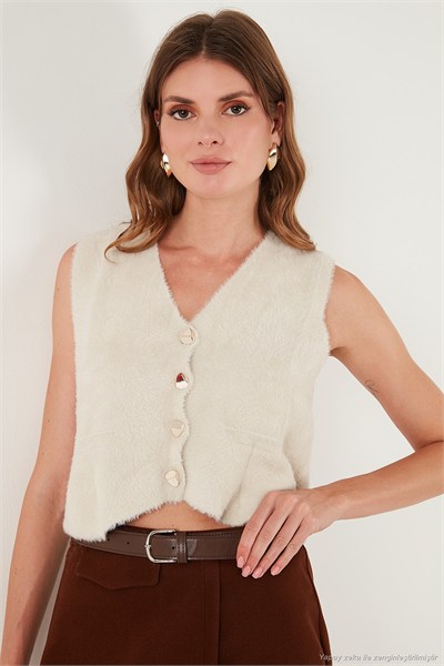 Regular Fit V Yaka Yumuşak Dokulu Düğmeli Kadın Yelek 4615241 TAŞ