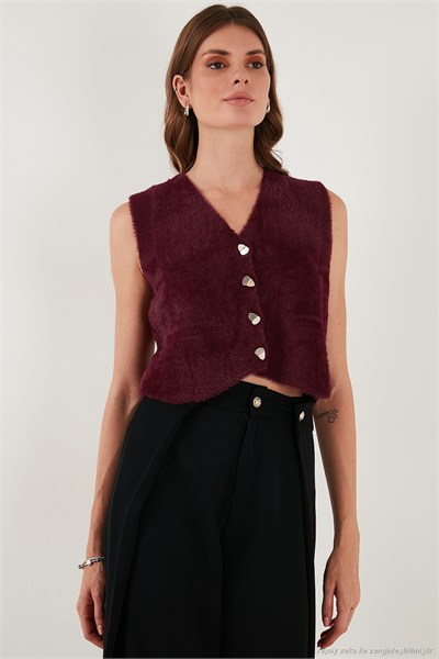 Regular Fit V Yaka Yumuşak Dokulu Düğmeli Kadın Yelek 4615241 BORDO
