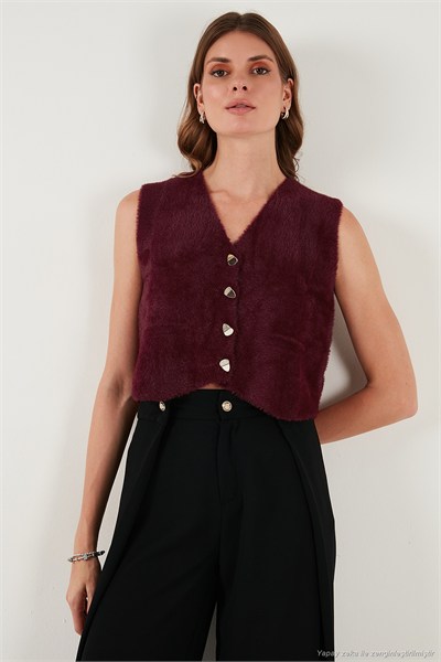 Regular Fit V Yaka Yumuşak Dokulu Düğmeli Kadın Yelek 4615241 BORDO