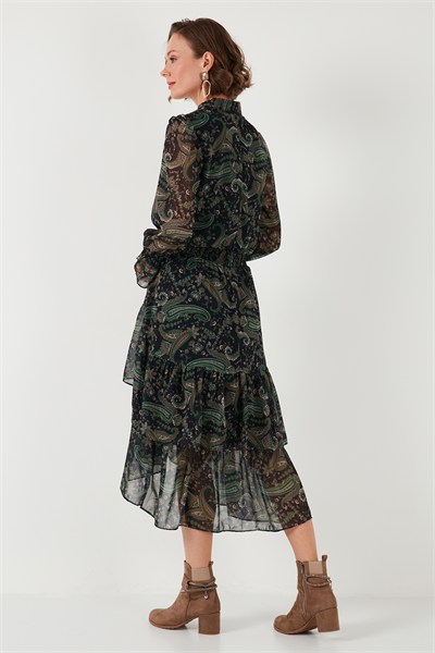 Regular Fit Yaka Detaylı Volanlı Şifon Midi Kadın Elbise 611EL1448 YEŞİL