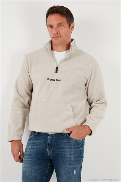 Regular Fit Yarım Fermuarlı Dik Yaka Yumuşak Dokulu Erkek Sweat 59060661 KUM