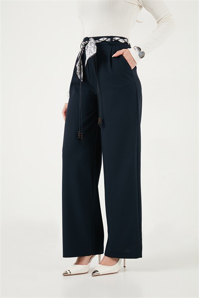 Regular Fit Yüksek Bel Düz Paça Fular Kemerli Kadın Pantolon 6923860 LACİVERT