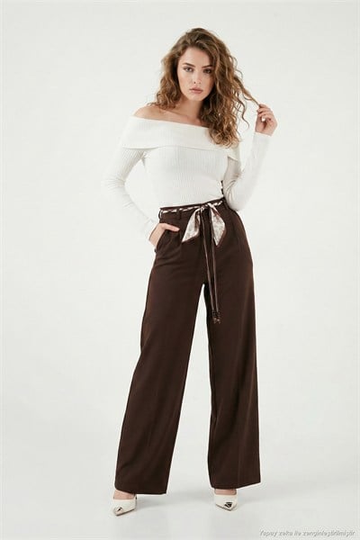 Regular Fit Yüksek Bel Düz Paça Fular Kemerli Kadın Pantolon 6923860 KAHVE