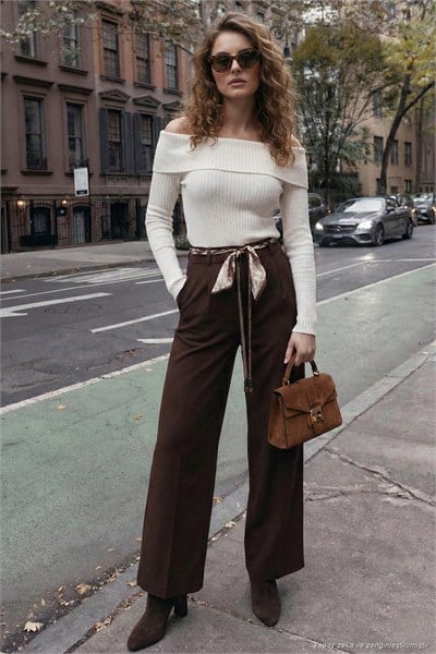 Regular Fit Yüksek Bel Düz Paça Fular Kemerli Kadın Pantolon 6923860 KAHVE