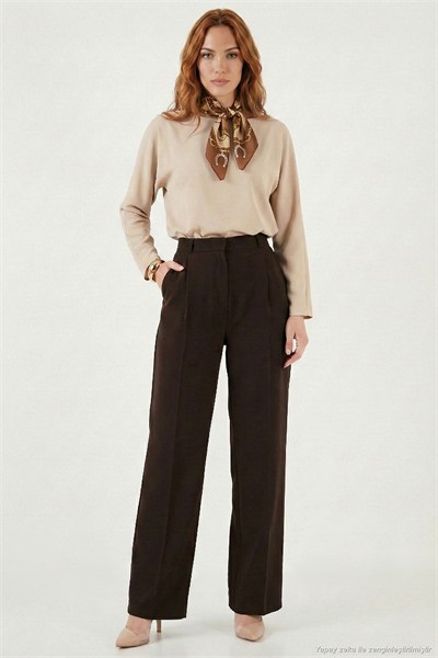 Regular Fit Yüksek Bel Düz Paça Kadın Pantolon 6923873 KAHVE