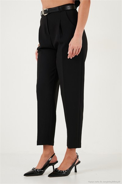 Regular Fit Yüksek Bel Düz Paça Kemerli Kadın Pantolon 68350938 SİYAH