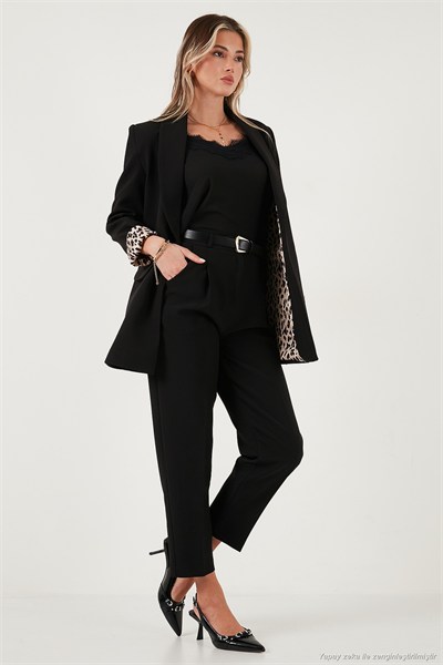 Regular Fit Yüksek Bel Düz Paça Kemerli Kadın Pantolon 68350938 SİYAH