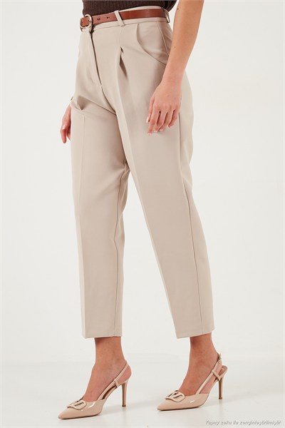 Regular Fit Yüksek Bel Düz Paça Kemerli Kadın Pantolon 68350938 TAŞ