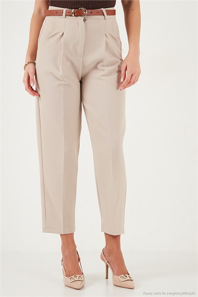 Regular Fit Yüksek Bel Düz Paça Kemerli Kadın Pantolon 68350938 TAŞ