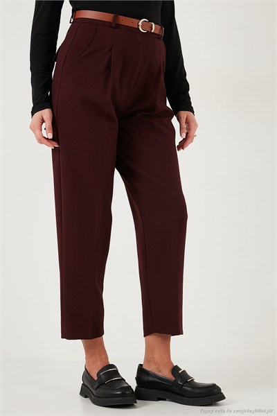 Regular Fit Yüksek Bel Düz Paça Kemerli Kadın Pantolon 68350938 MÜRDÜM