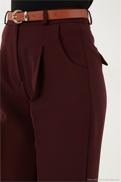 Regular Fit Yüksek Bel Düz Paça Kemerli Kadın Pantolon 68350938 MÜRDÜM
