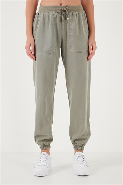 Regular Fit Yüksek Bel Lastikli Paça Jogger Spor Kadın Pantolon 668YP5039 HAKİ