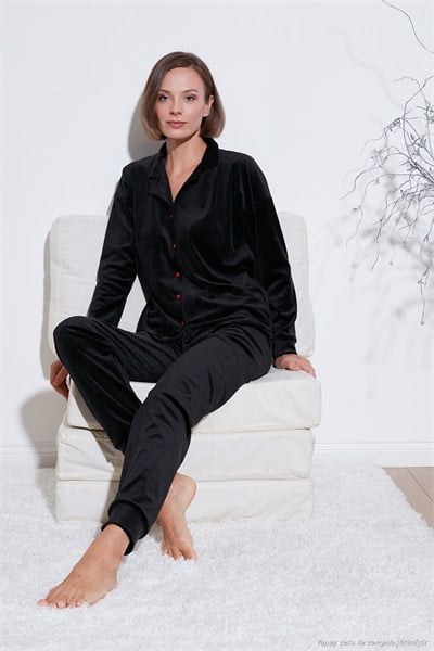 Regular Fit Yumuşak Dokulu Parlak Kadife Ribanalı Kadın Pijama Takımı 6097110 SİYAH