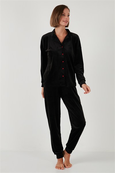 Regular Fit Yumuşak Dokulu Parlak Kadife Ribanalı Kadın Pijama Takımı 6097110 SİYAH