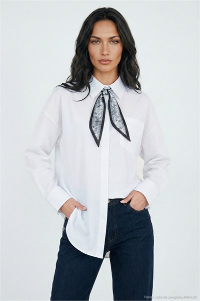 Relaxed Fit Fular Detaylı Klasik Yaka Göğüs Cepli Kadın Gömlek 6925427 BEYAZ