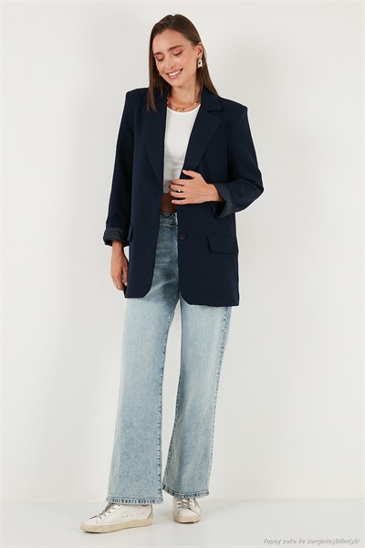 Relaxed Fit Mono Yaka Cepli Blazer Kadın Ceket 611BC00132 LACİVERT