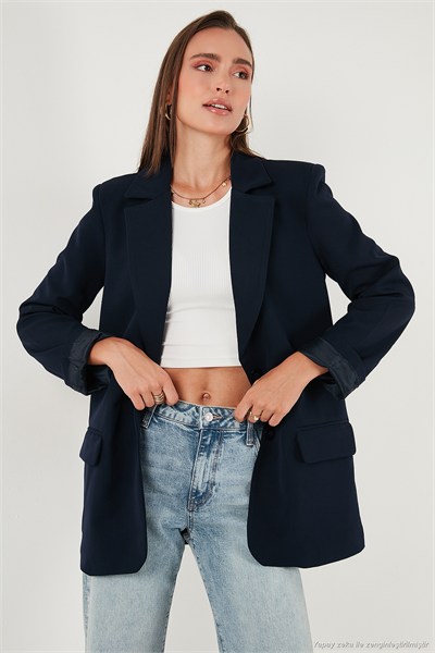 Relaxed Fit Mono Yaka Cepli Blazer Kadın Ceket 611BC00132 LACİVERT