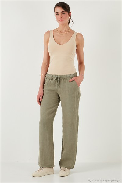 Relaxed Fit Normal Bel Geniş Paça Çİft Cepli Keten Kadın Pantolon 668YP4991 HAKİ
