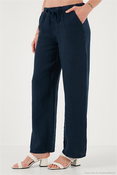 Relaxed Fit Normal Bel Geniş Paça Çİft Cepli Keten Kadın Pantolon 668YP4991 LACİVERT